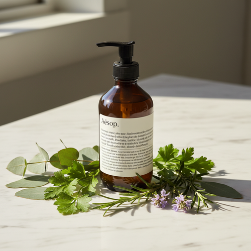 Aesop Resurrection Hand Wash dark amber glass pump bottle with rosemary sprigs on white marble
