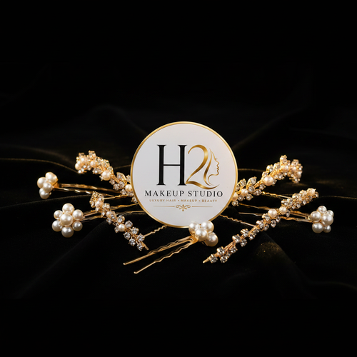 H2 Makeup Studio bridal hair accessory set with gold pins, pearl clips and tiara on black velvet