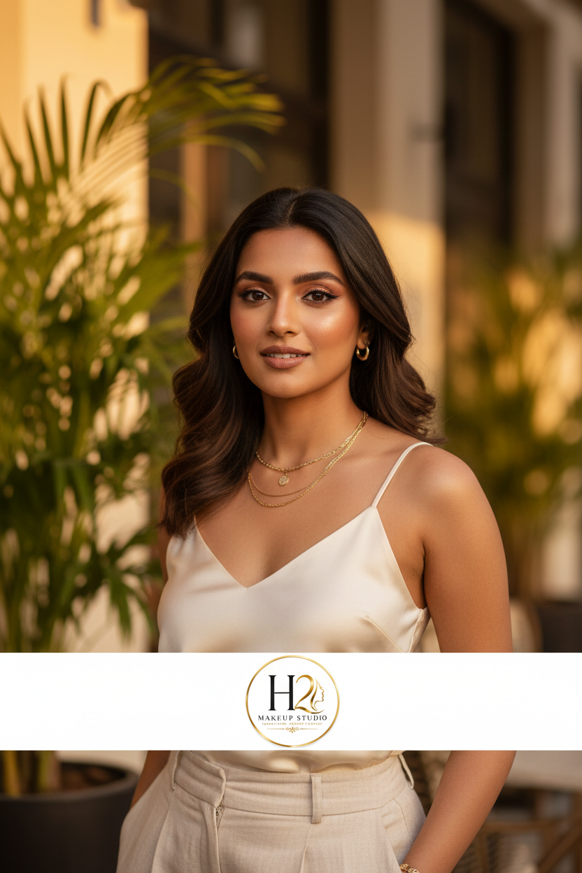 Confident young Indian woman with fresh polished H2 Makeup Studio everyday makeup