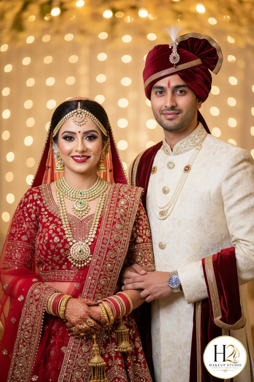 Stunning Indian bride and groom together with H2 Makeup Studio couple makeup