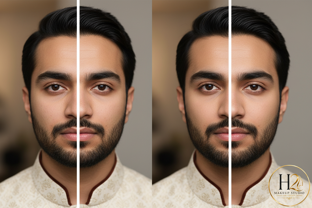 H2 Makeup Studio groom makeup before and after natural polished transformation