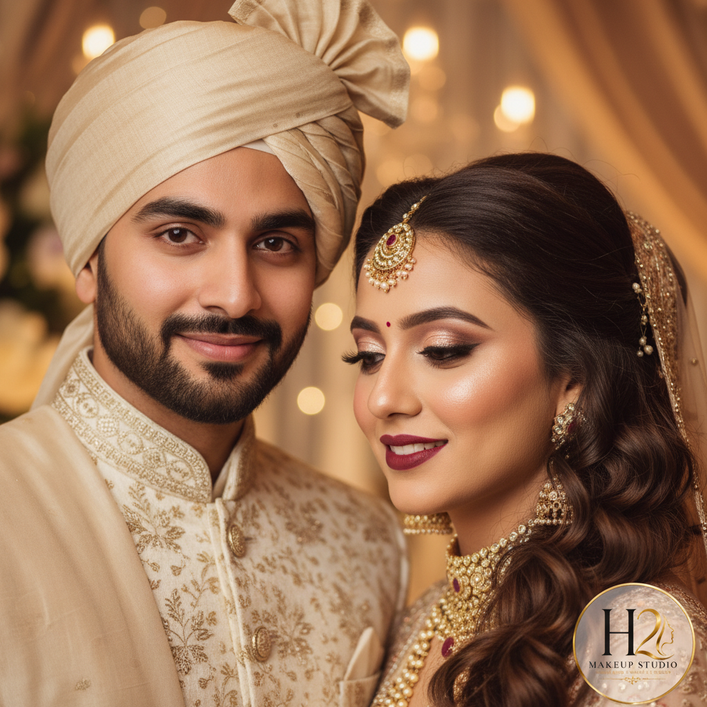 Close-up of Indian bride and groom faces with flawless H2 Makeup Studio couple makeup