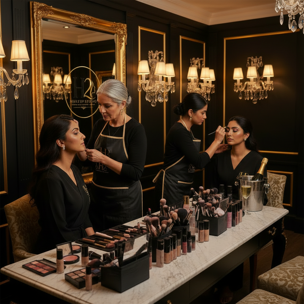 H2 Makeup Studio artists applying makeup on Indian bridesmaids simultaneously