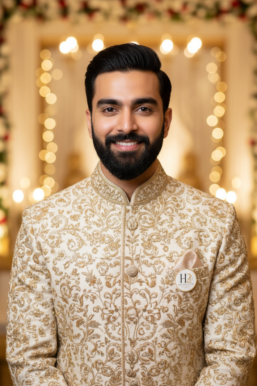 Confident Indian groom with perfectly groomed beard and glowing skin by H2 Makeup Studio