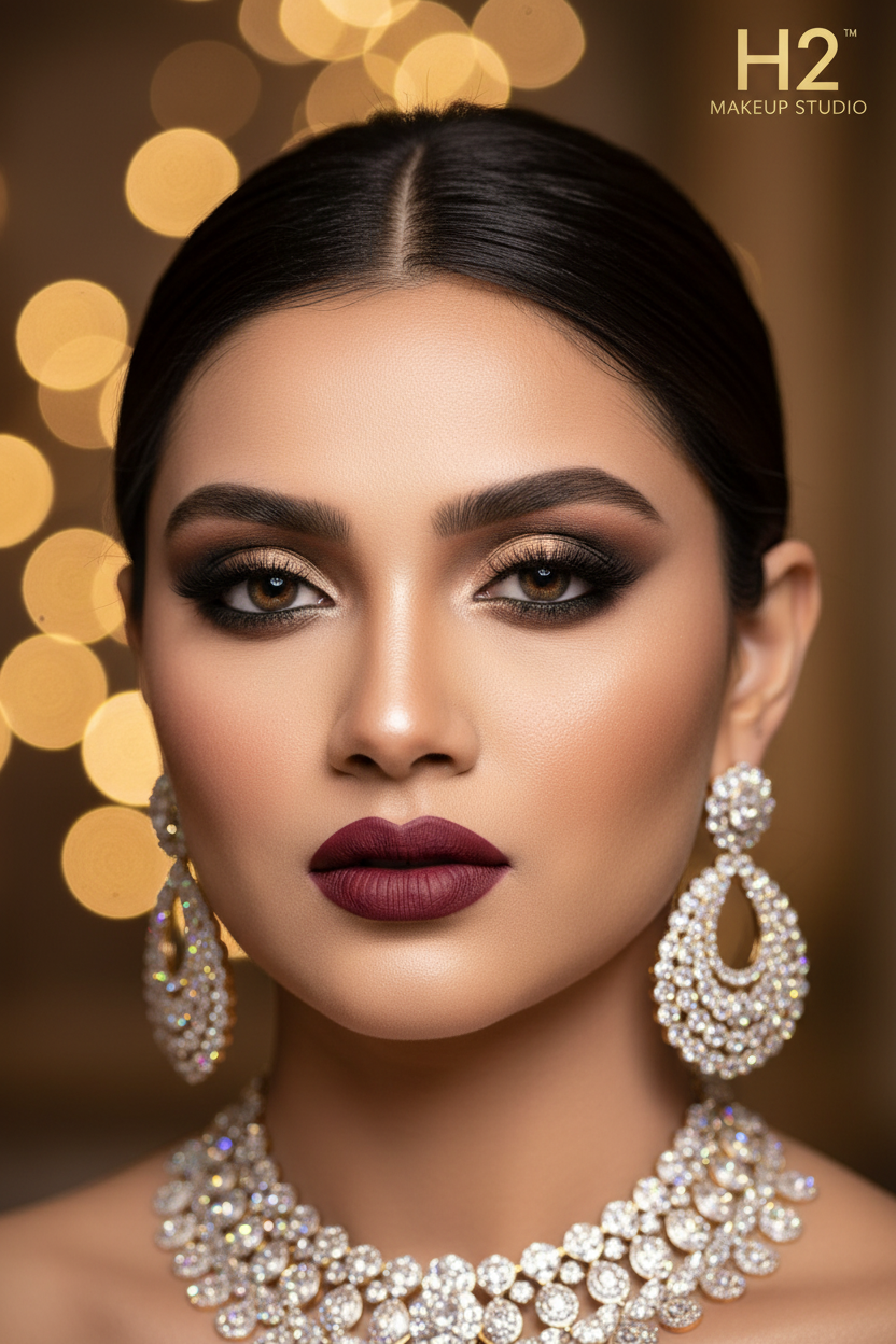 Glamorous Indian woman with ultra-luxury H2 Makeup Studio VIP makeup