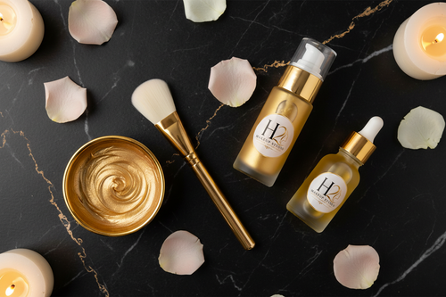 H2 Makeup Studio gold facial kit flat lay with mask bowl, brush, serum and face oil