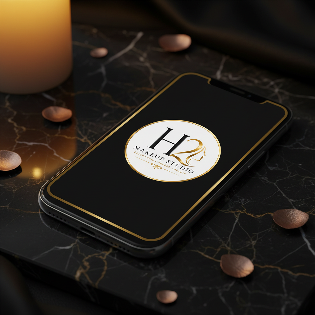 H2 Makeup Studio digital gift card on smartphone on black marble with gold accents