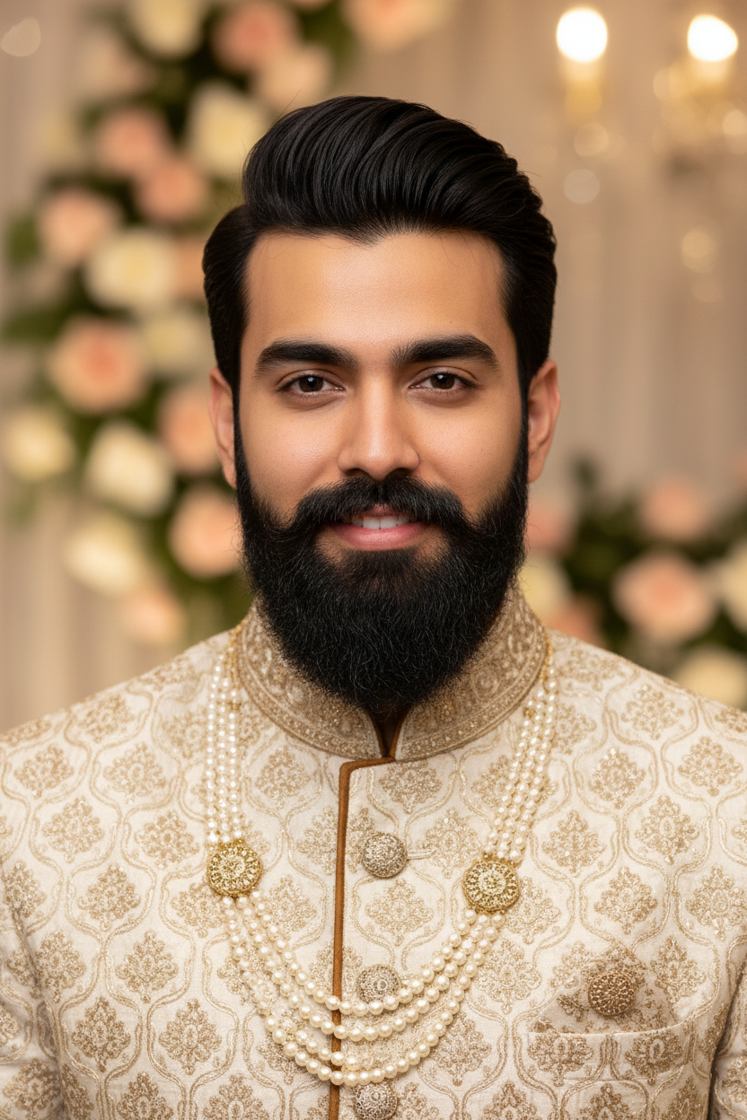 Confident Indian groom with perfectly styled hair and groomed beard by H2 Makeup Studio