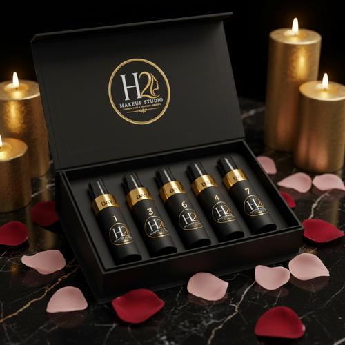 H2 Makeup Studio 7-Day Bridal Skin Prep Box open with day-by-day skincare products on black marble