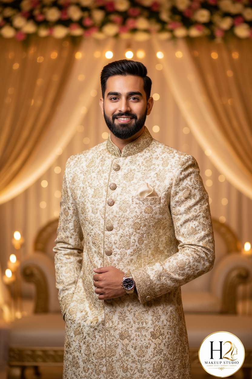 Confident Indian groom in sherwani with flawless natural H2 Makeup Studio groom makeup