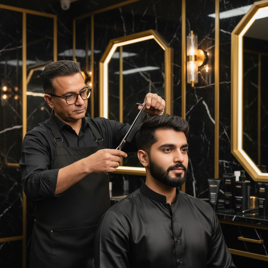 H2 Makeup Studio barber styling Indian groom's hair and beard with precision