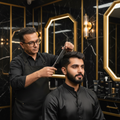 H2 Makeup Studio barber styling Indian groom's hair and beard with precision