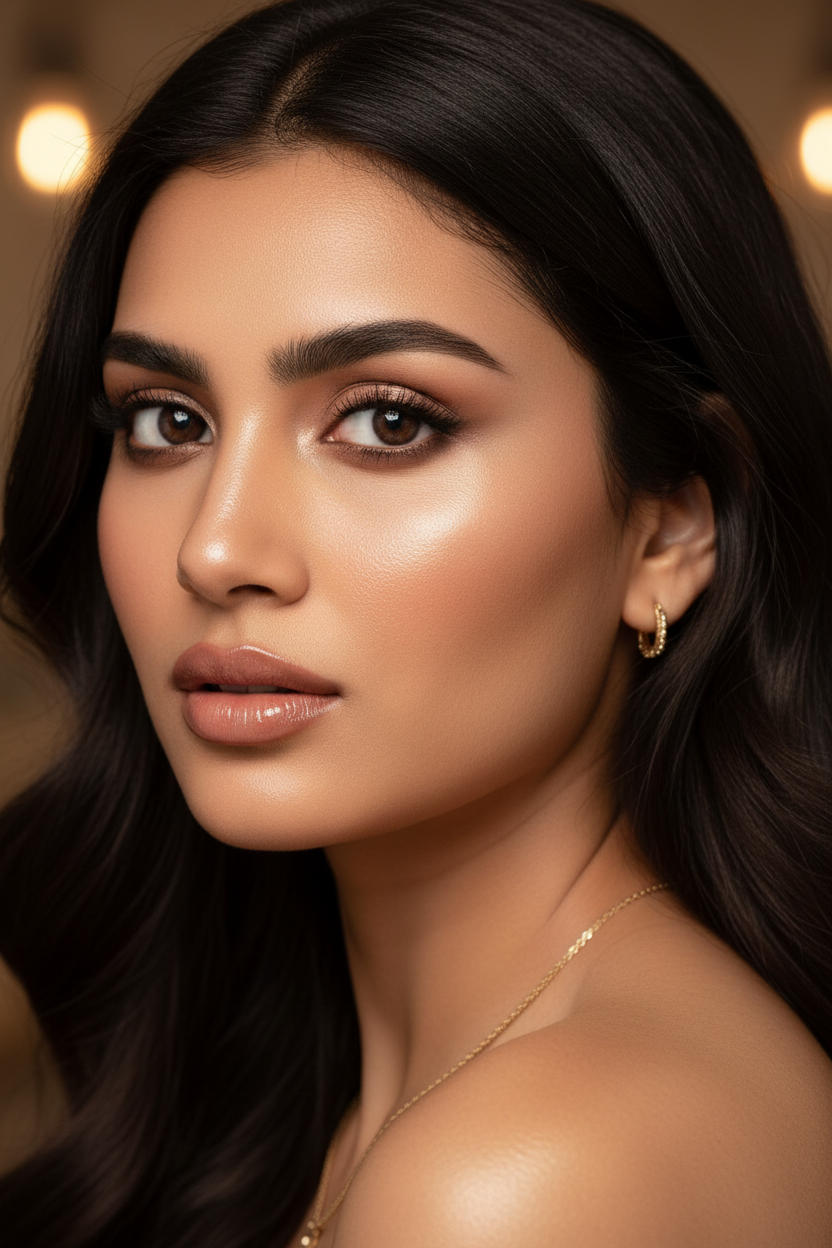 Beautiful Indian woman with flawless airbrushed poreless skin from H2 Makeup Studio foundation