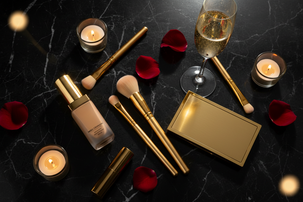 H2 Makeup Studio VIP luxury makeup products flat lay on black marble