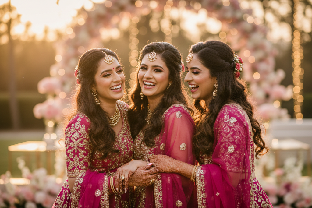 Three stunning Indian bridesmaids with coordinated H2 Makeup Studio glam makeup