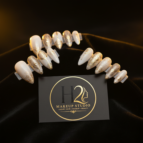 H2 Makeup Studio bridal press-on nail sets in ivory and gold on black velvet