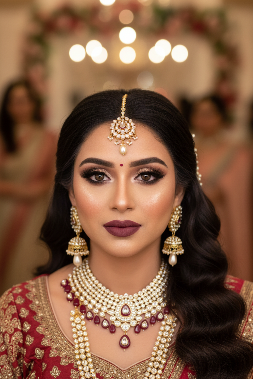 Beautiful Indian bridesmaid with flawless H2 Makeup Studio coordinated bridal party makeup