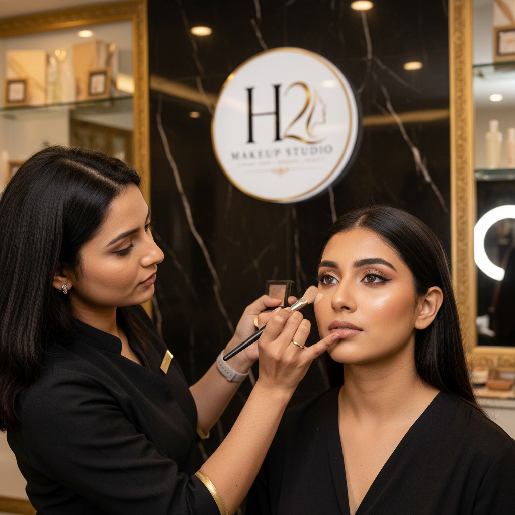 H2 Makeup Studio artist applying fresh everyday makeup on Indian woman