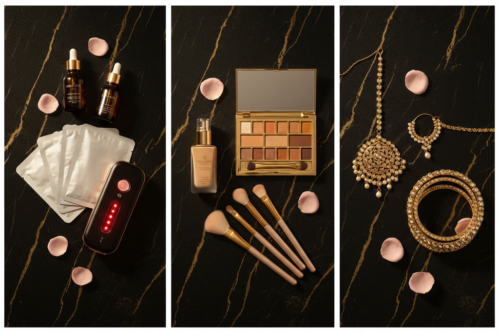 H2 Makeup Studio premium bridal package pre-bridal skincare makeup and bridal accessories flat lay