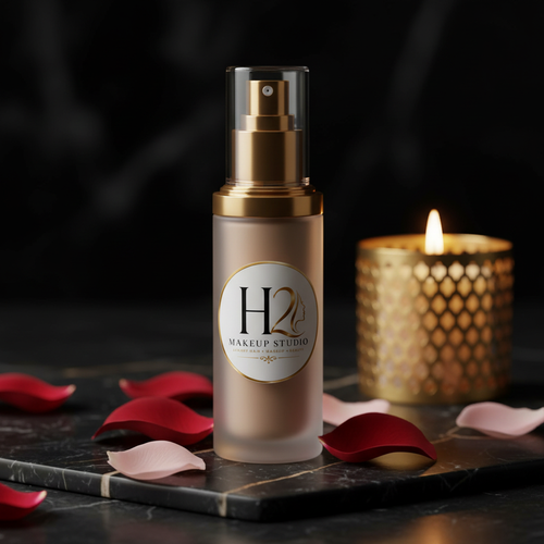 H2 Makeup Studio Airbrush Foundation Refill bottle with logo on black marble