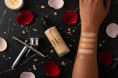 H2 Makeup Studio airbrush foundation refill flat lay with airbrush nozzle and skin swatch