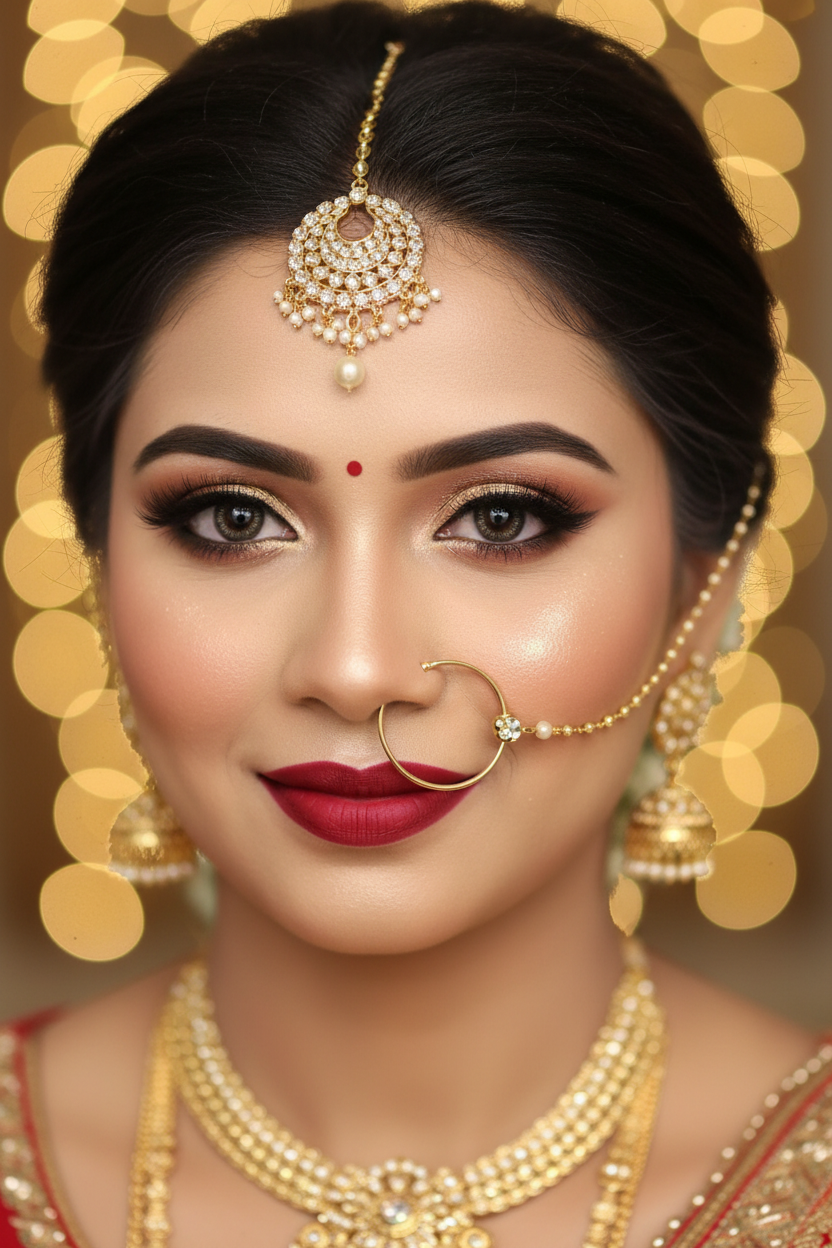 Radiant Indian bride with flawless H2 Makeup Studio premium bridal makeup and glowing skin