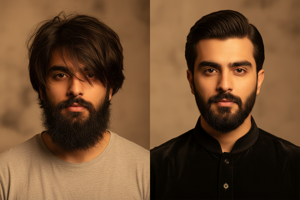 H2 Makeup Studio groom hair and beard styling before and after transformation