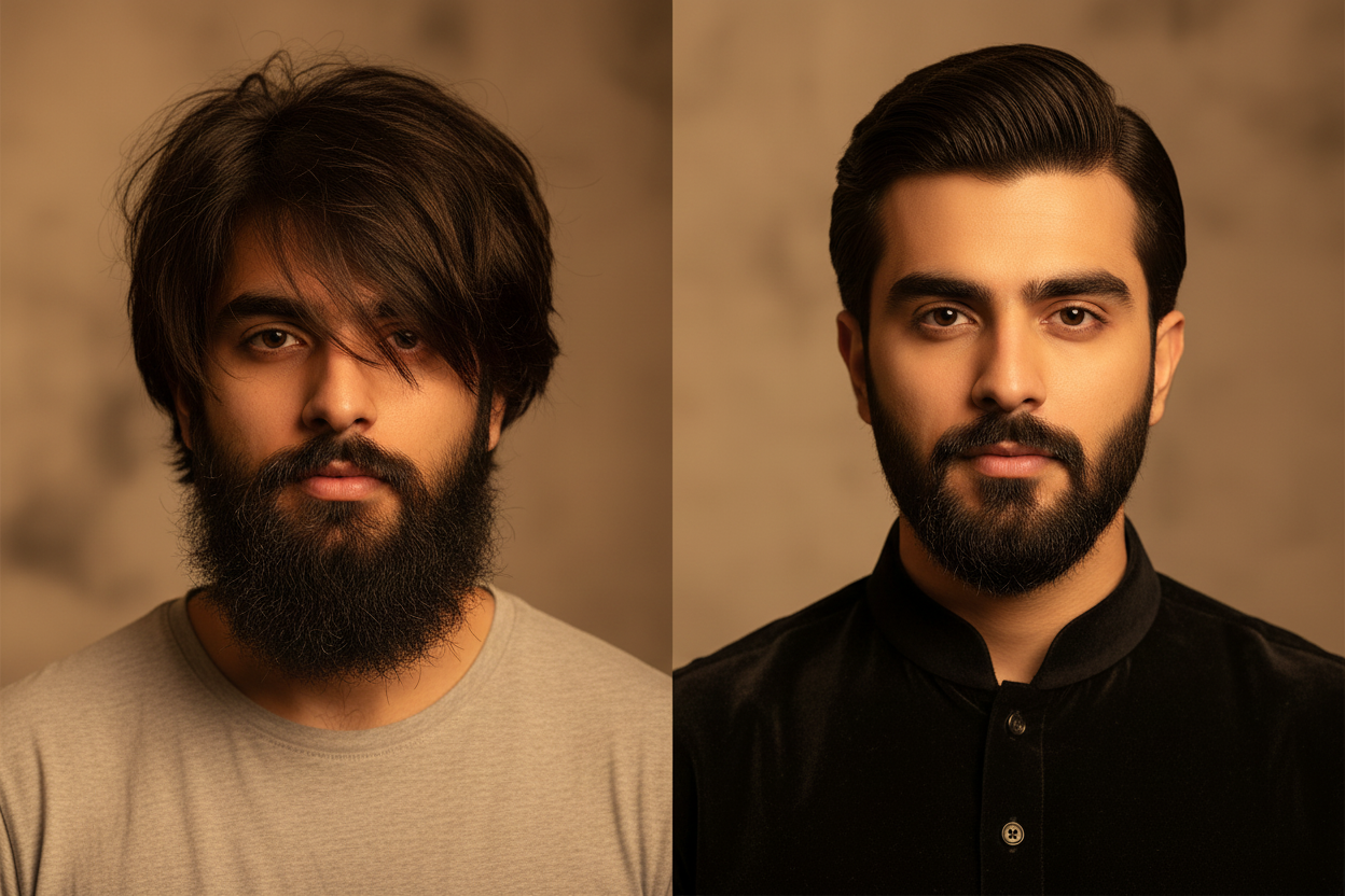 H2 Makeup Studio groom hair and beard styling before and after transformation