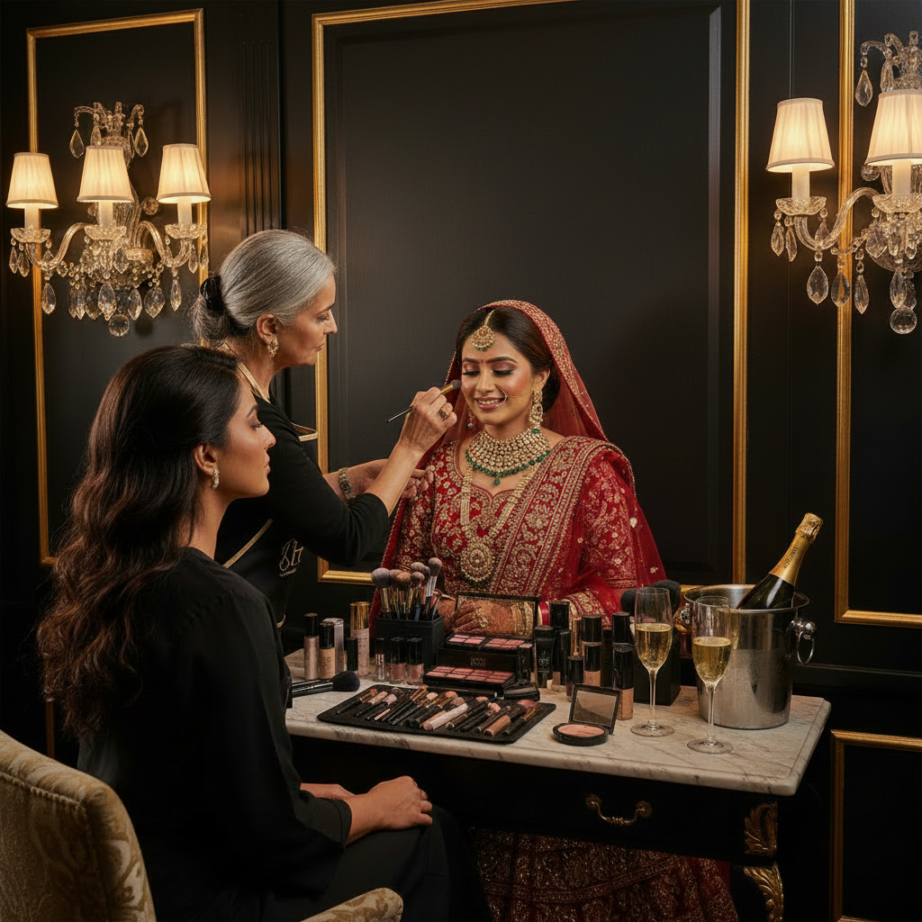 H2 Makeup Studio senior artist finishing Indian bride's look in private bridal suite