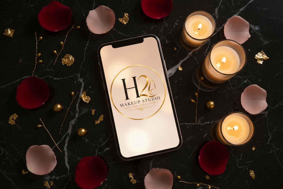 H2 Makeup Studio digital gift card on phone with rose petals and gold accents on black marble